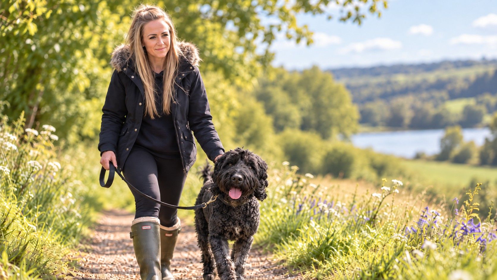 Emily walking a black cockapoo on a countryside path