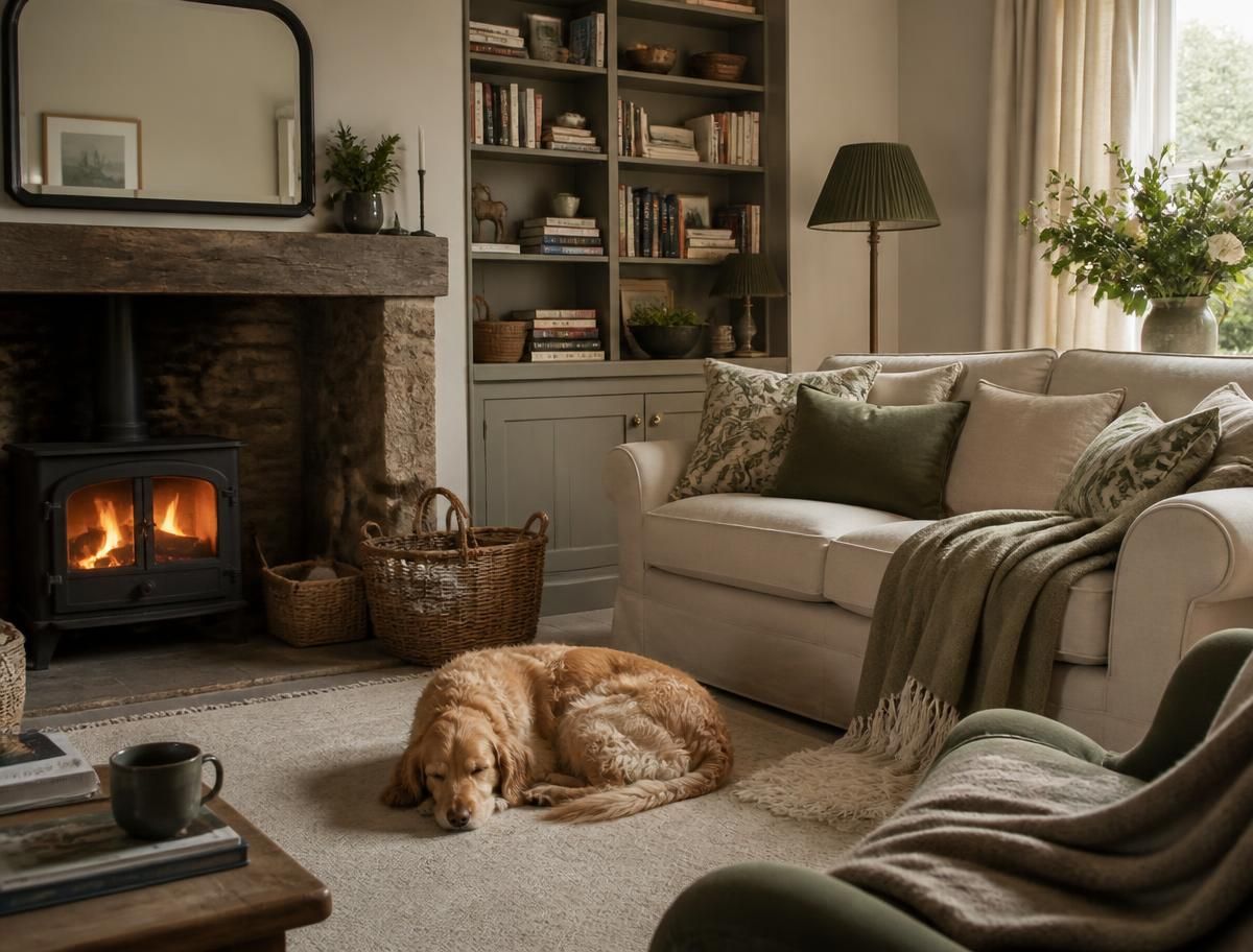 A dog sleeping on a rug in front of a wood burner in a cosy winter living room